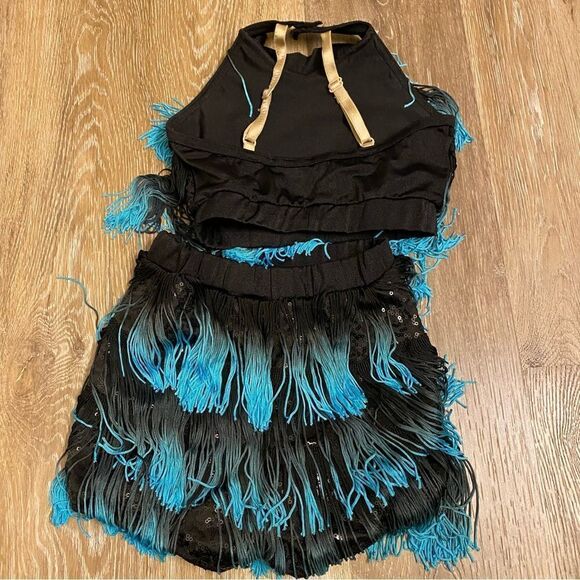Costume Gallery dance 2 piece blue turquoise fringe tip skirt 20653 child SC - Picture 3 of 10